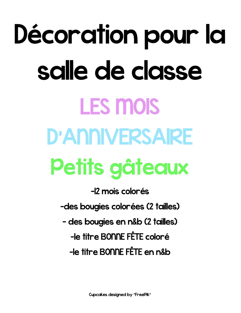 French birthday display cover listing 12 colorful months, candles in two sizes, and BONNE FÊTE title pieces