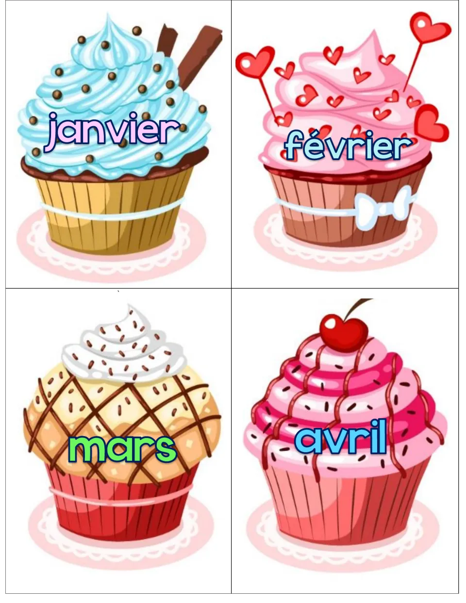 Birthday month cupcakes 1–4: janvier (January), février (February), mars (March), and avril (April)