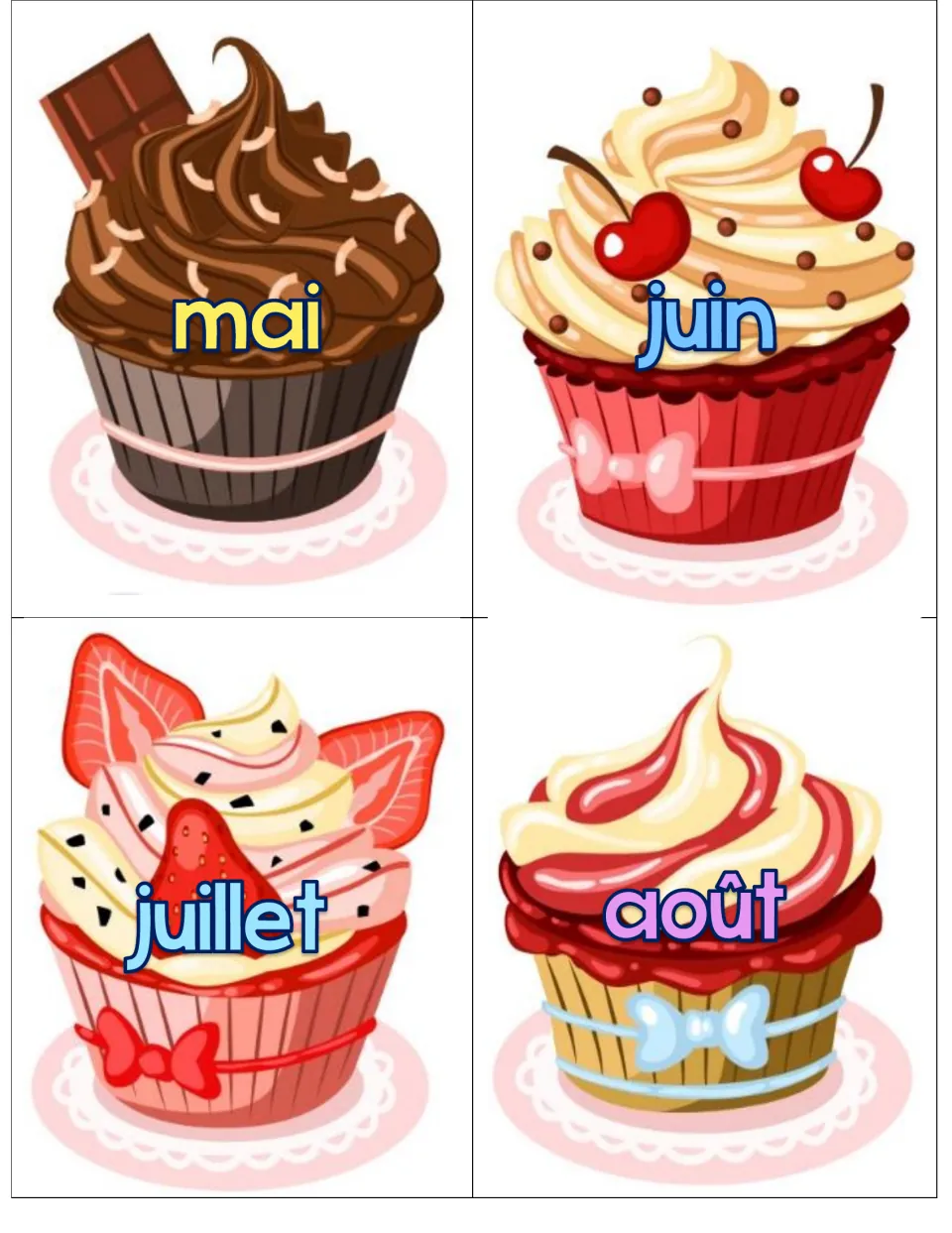 Birthday month cupcakes 5–8: mai (May), juin (June), juillet (July), and août (August)