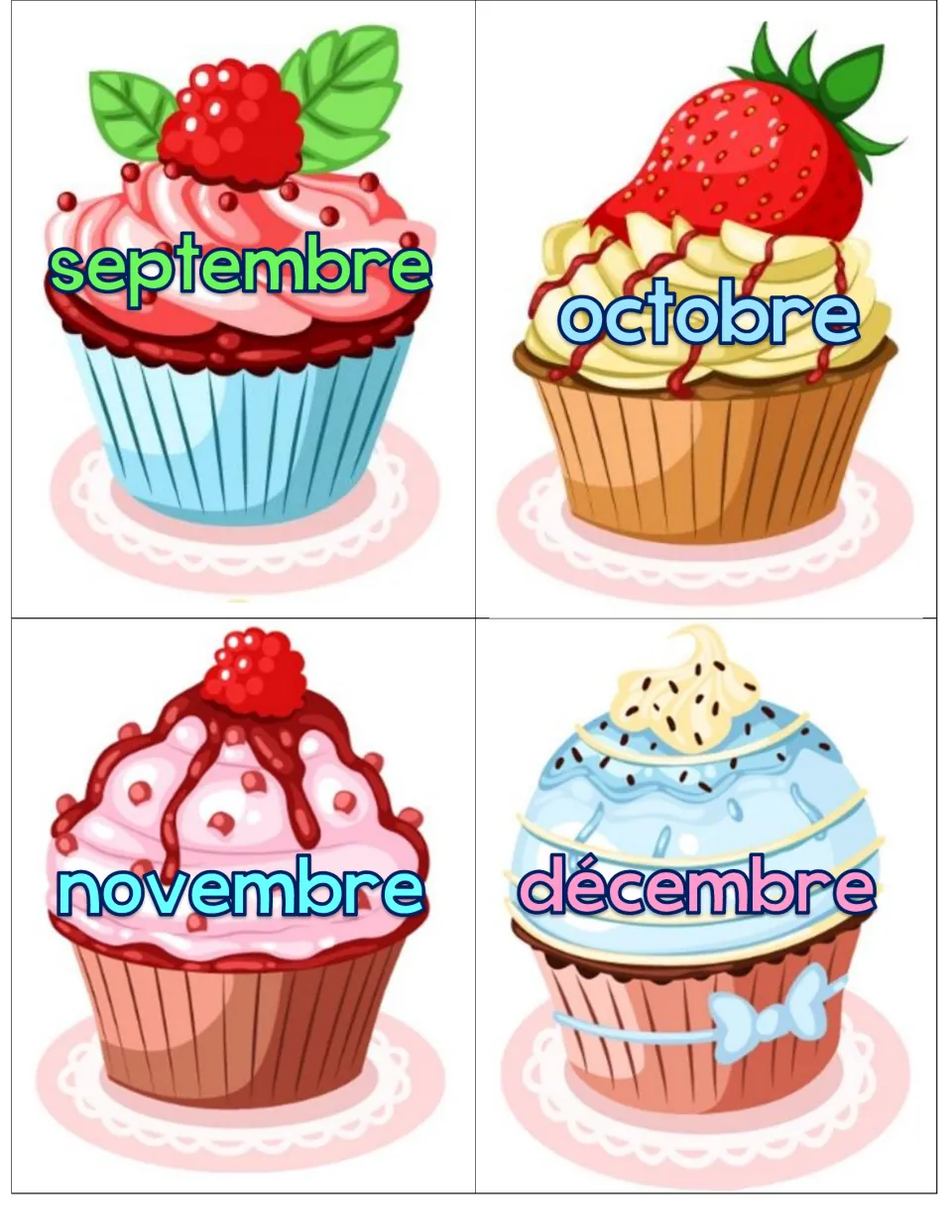 Birthday cupcakes 9–12: septembre (September), octobre (October), novembre (November), décembre (December)