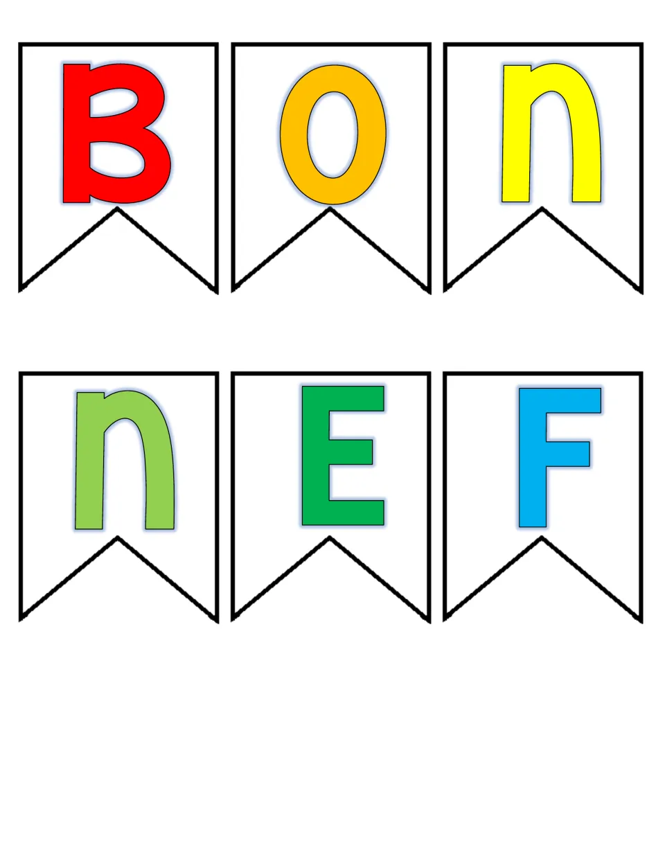 Birthday display title pieces 1–6: colored B, O, N, N, E, and F for BONNE FÊTE (Happy Birthday)