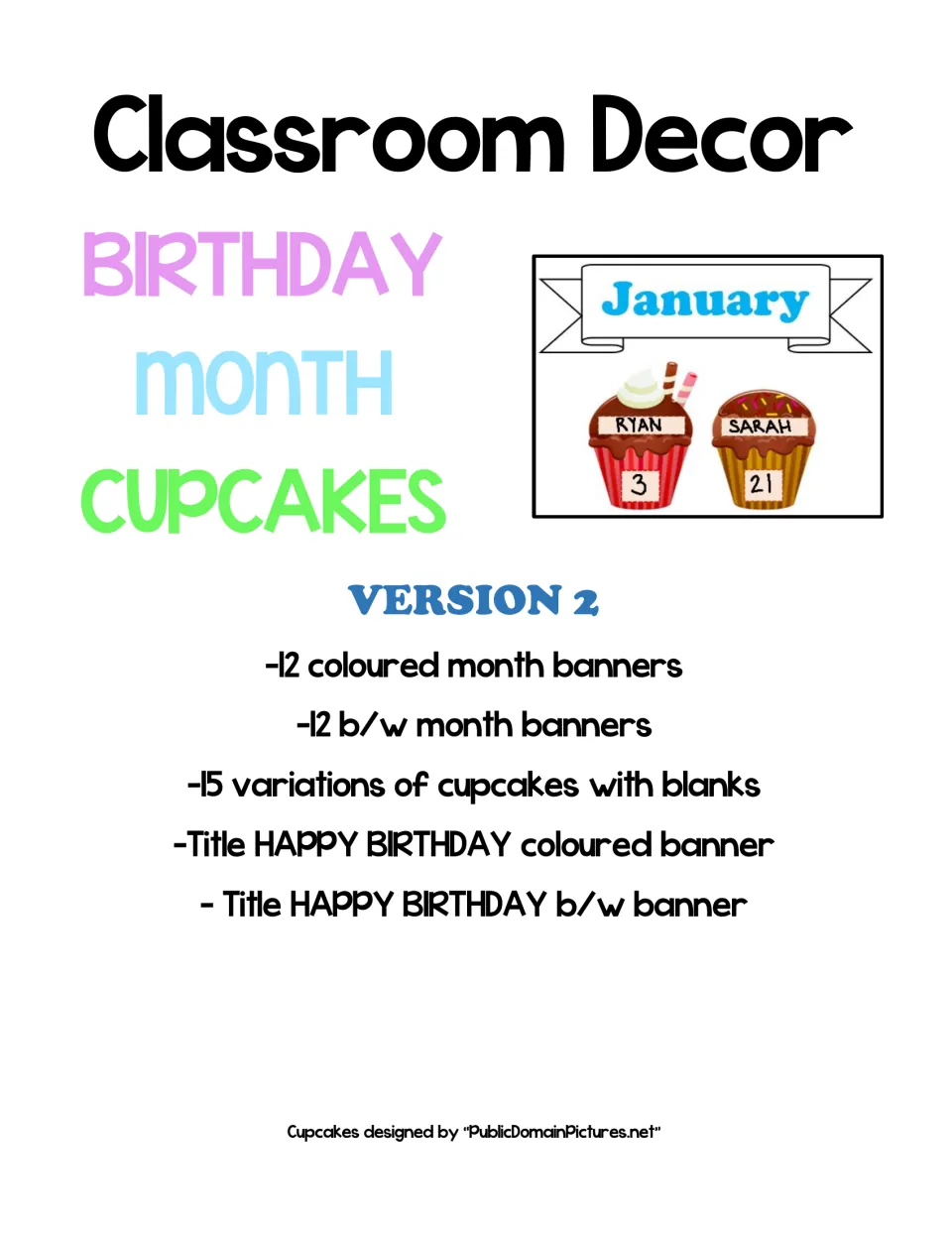 Birthday Month Cupcakes Version 2 cover listing colour and b/w month banners, 15 blank cupcakes and Happy Birthday titles