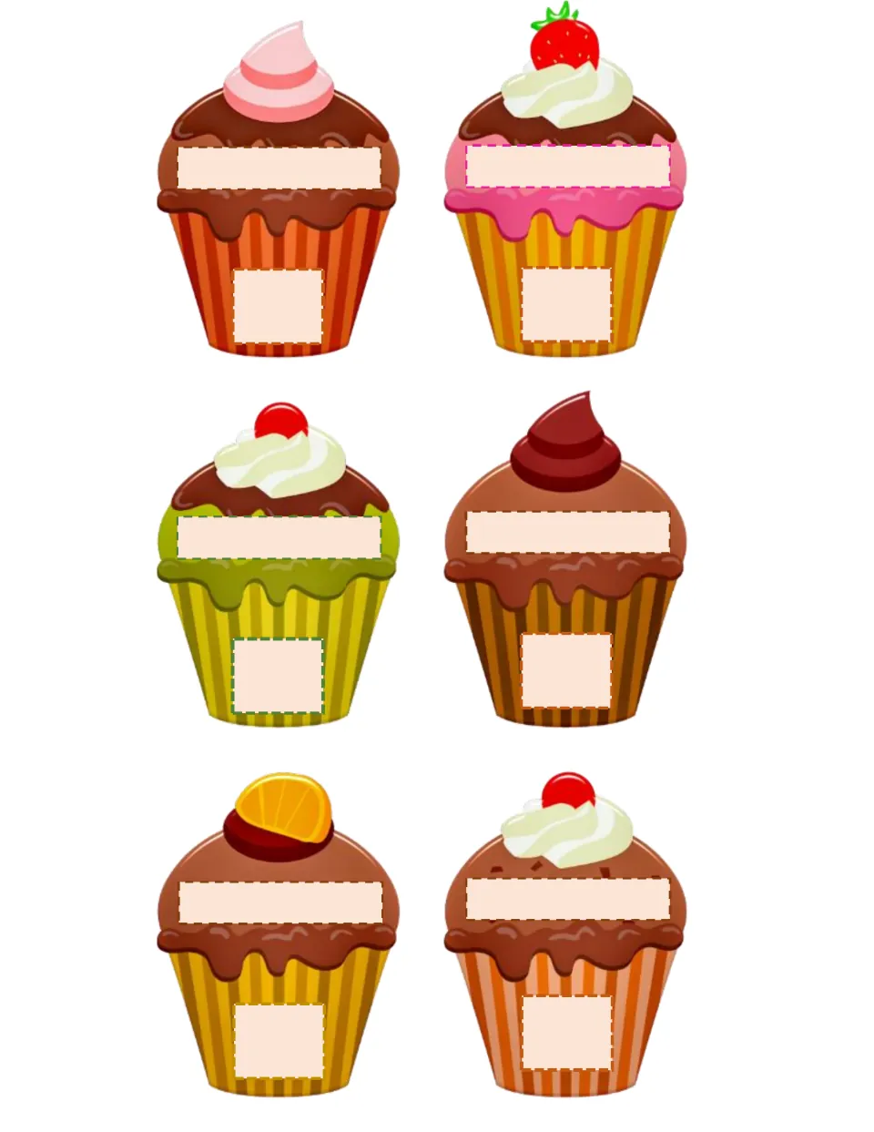 Six colourful cupcakes to cut out, each with a blank name label on the frosting and a blank date spot on the wrapper