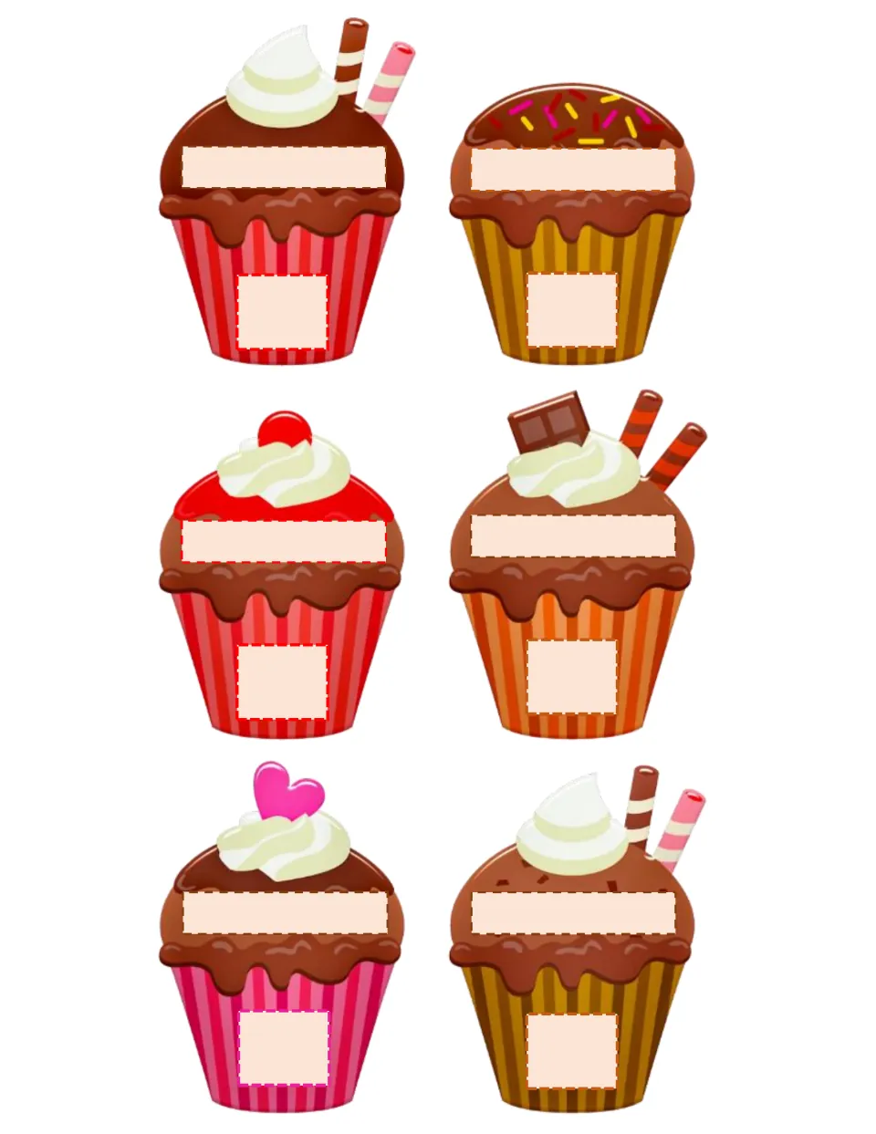 Six more cupcake cut-outs with wafer, sprinkle, cherry, chocolate and heart toppings, each with blank name and date labels