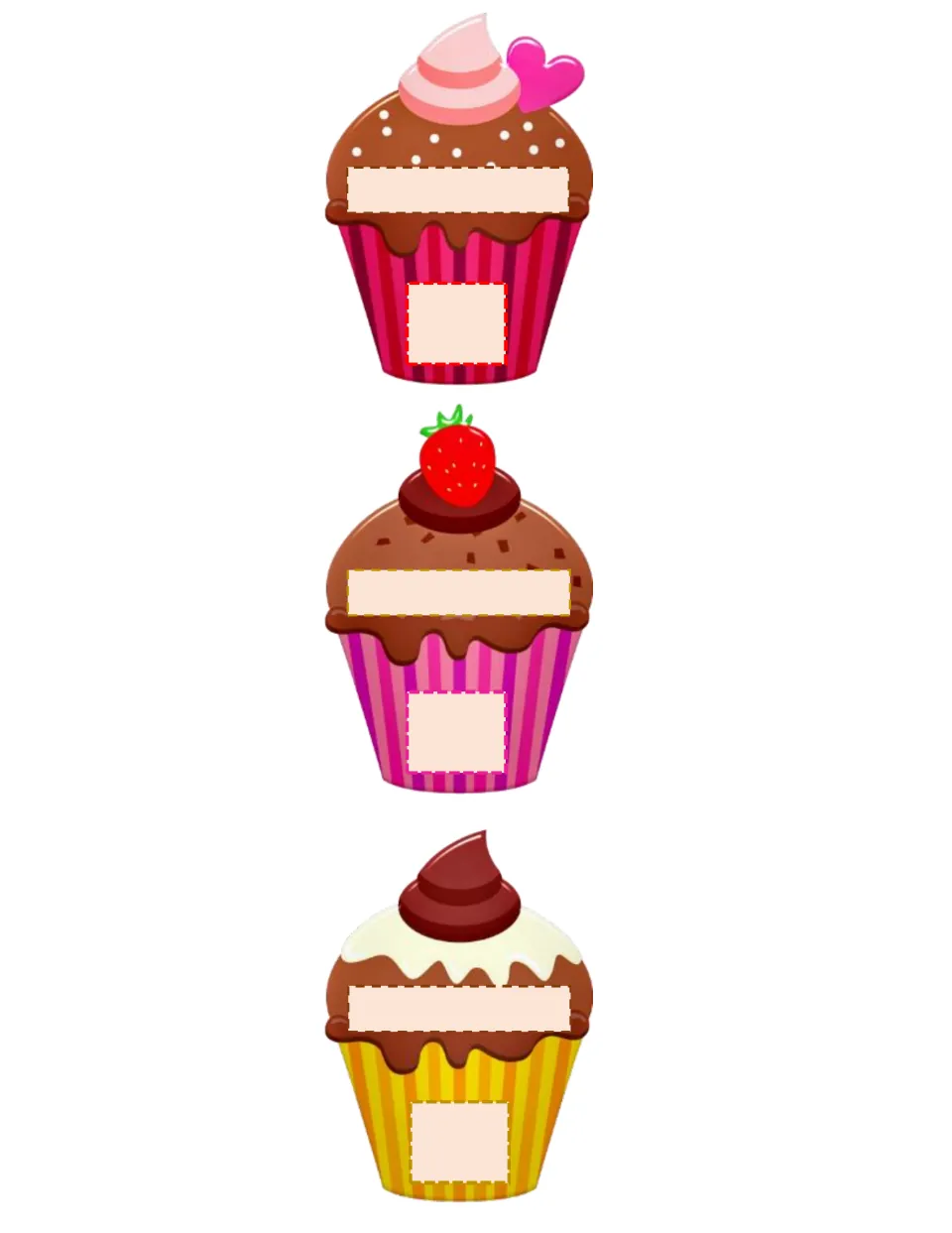 Final three cupcake cut-outs topped with a pink heart, a strawberry and a chocolate swirl, with blank name and date labels