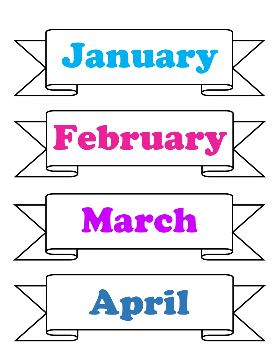 Colour month banners for January, February, March and April, each in bright lettering on a ribbon, ready to cut out