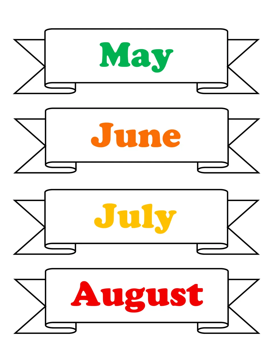 Colour month banners for May, June, July and August in green, orange, yellow and red lettering on ribbons