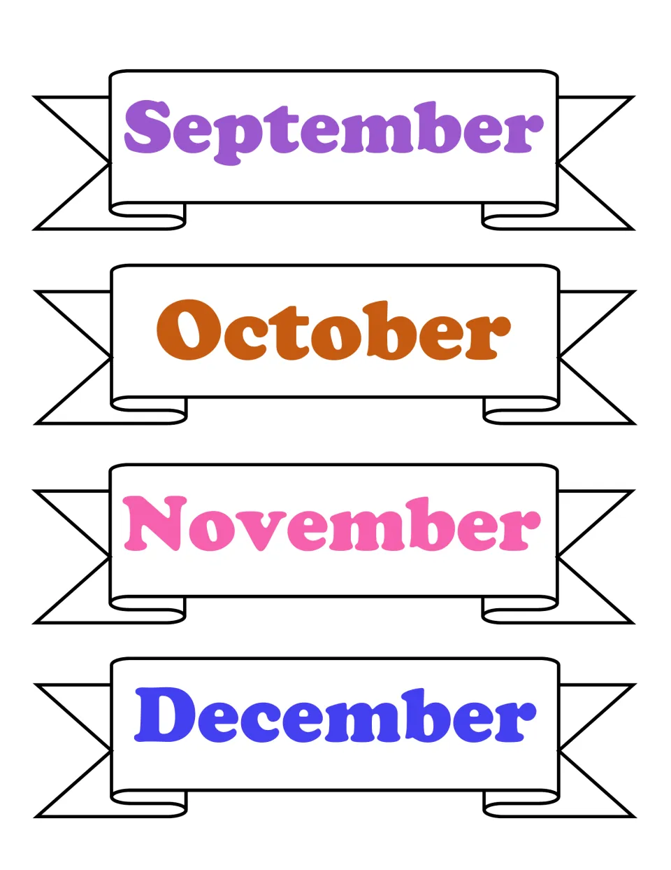Colour month banners for September, October, November and December in purple, brown, pink and blue lettering
