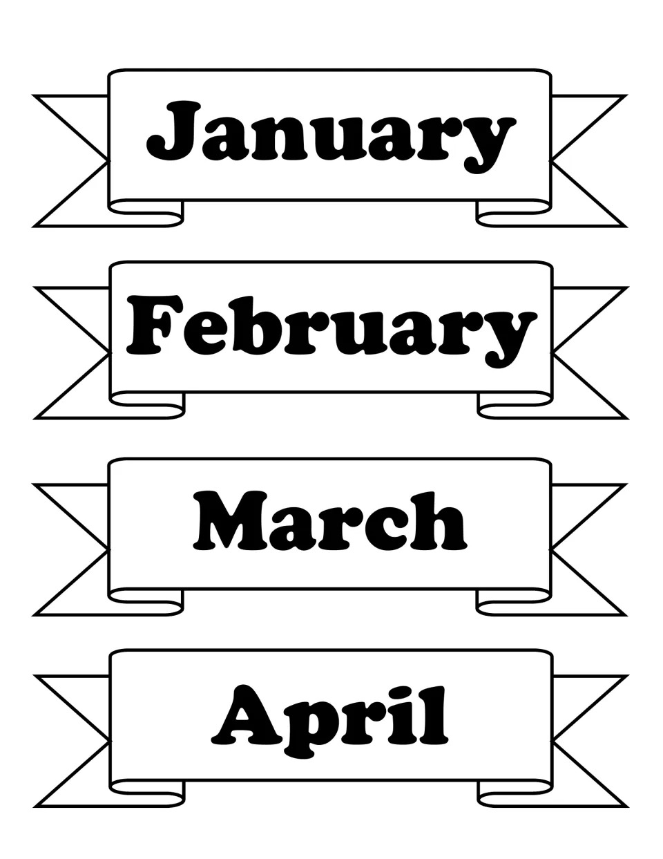 Black-and-white month banners for January, February, March and April in bold black lettering on ribbons