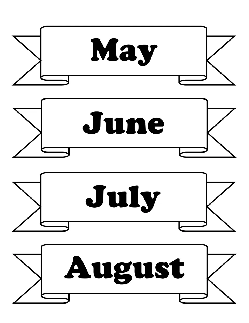 Black-and-white month banners for May, June, July and August on ribbons, printable in black ink