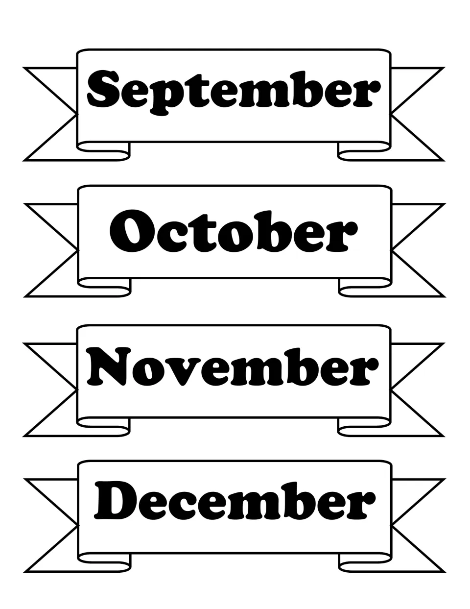 Black-and-white month banners for September, October, November and December, printable without colour ink