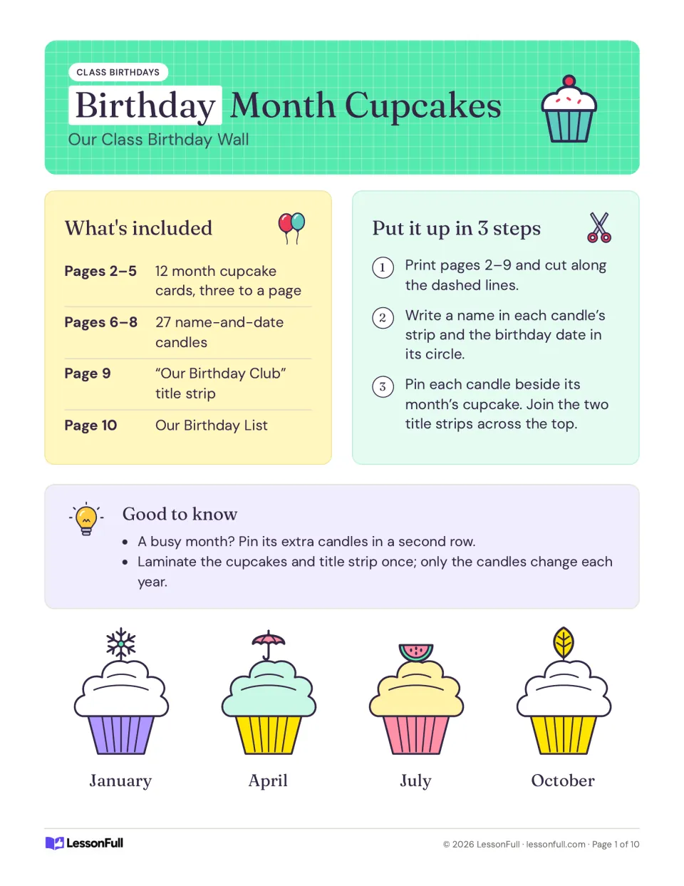 Birthday display introduction listing 12 month cupcake cards, 27 candles, a title banner, and setup steps