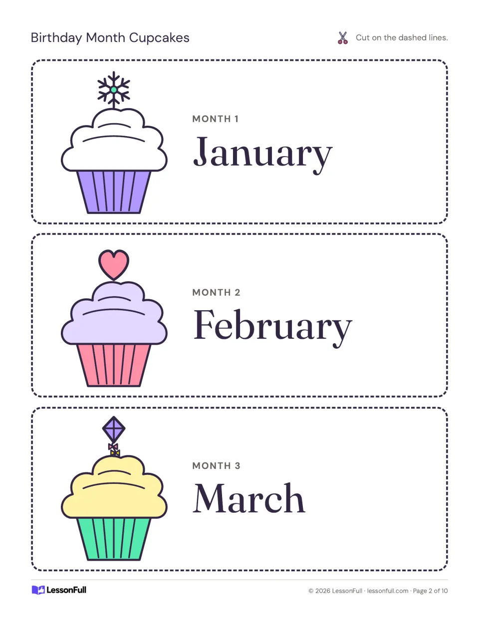 Birthday display cupcake cards for January, February, and March, labeled Month 1, Month 2, and Month 3
