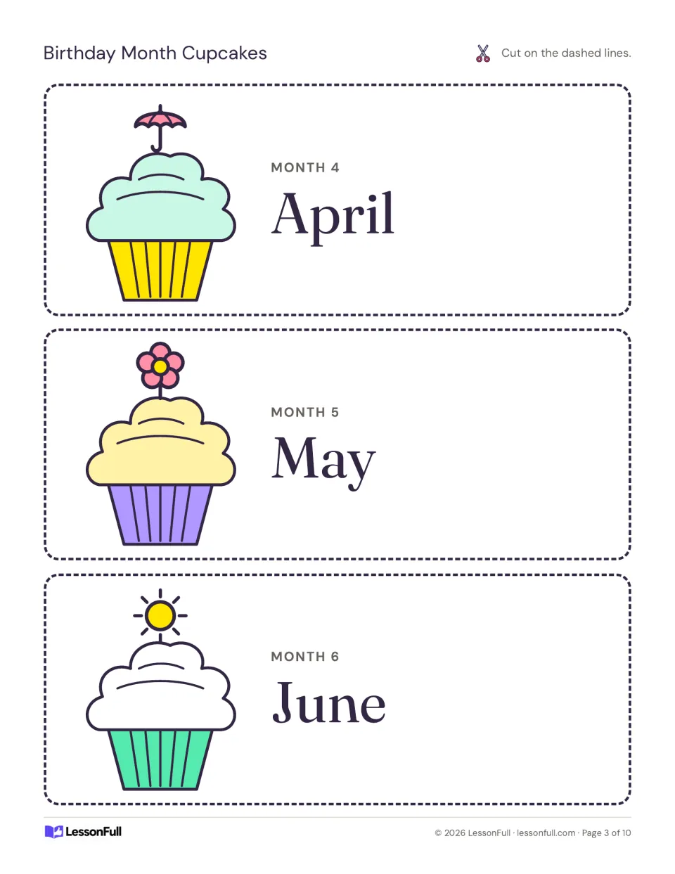 Birthday display cupcake cards for April, May, and June, labeled Month 4, Month 5, and Month 6