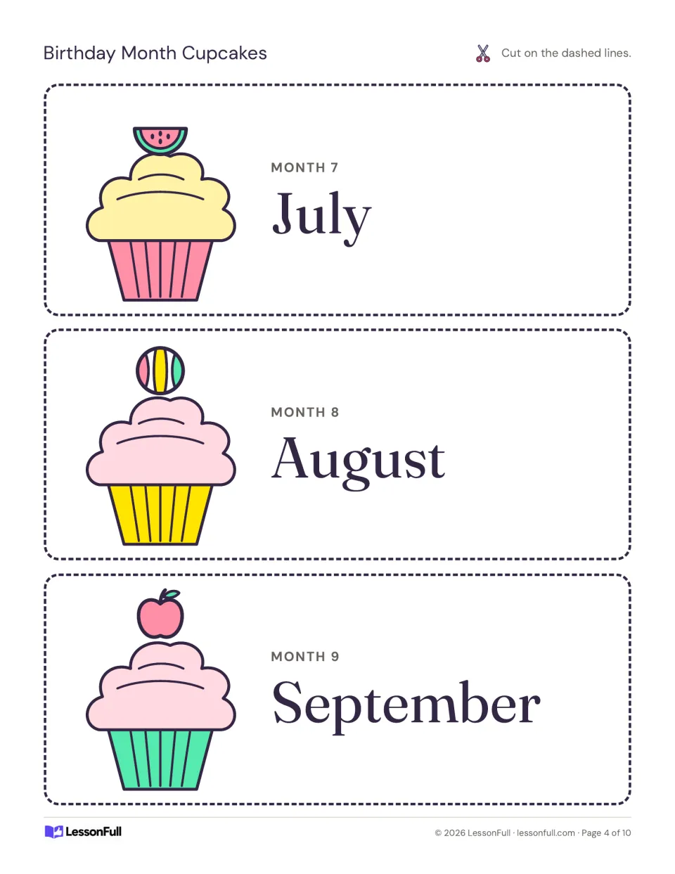 Birthday display cupcake cards for July, August, and September, labeled Month 7, Month 8, and Month 9