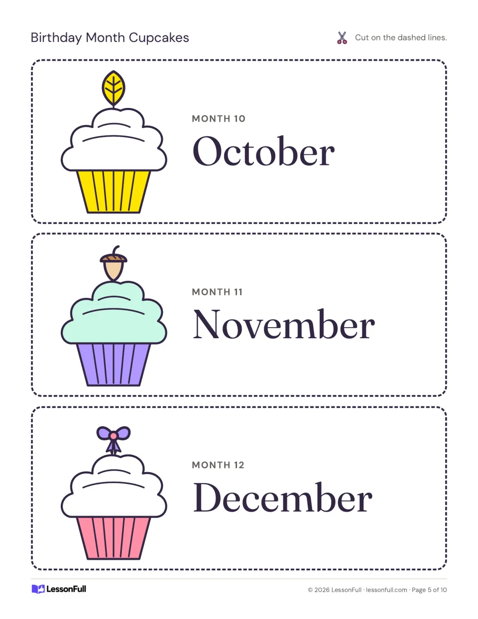 Birthday display cupcake cards for October, November, and December, labeled Month 10, Month 11, and Month 12