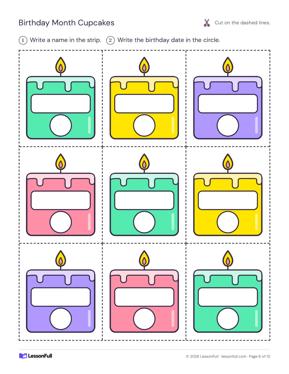 First sheet of nine birthday display candles, each with spaces to write a student's name and birthday date