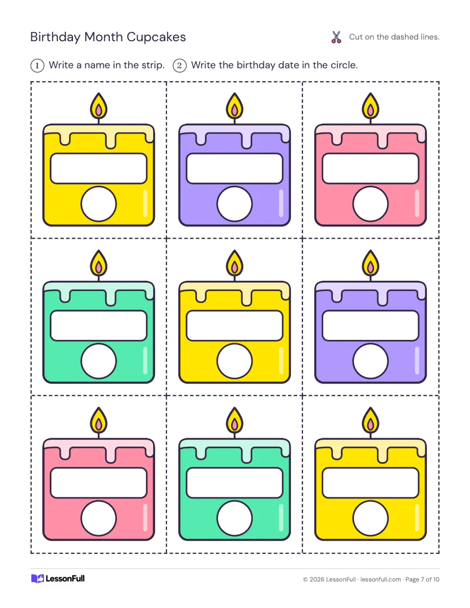 Second sheet of nine birthday display candles, each with spaces to write a student's name and birthday date