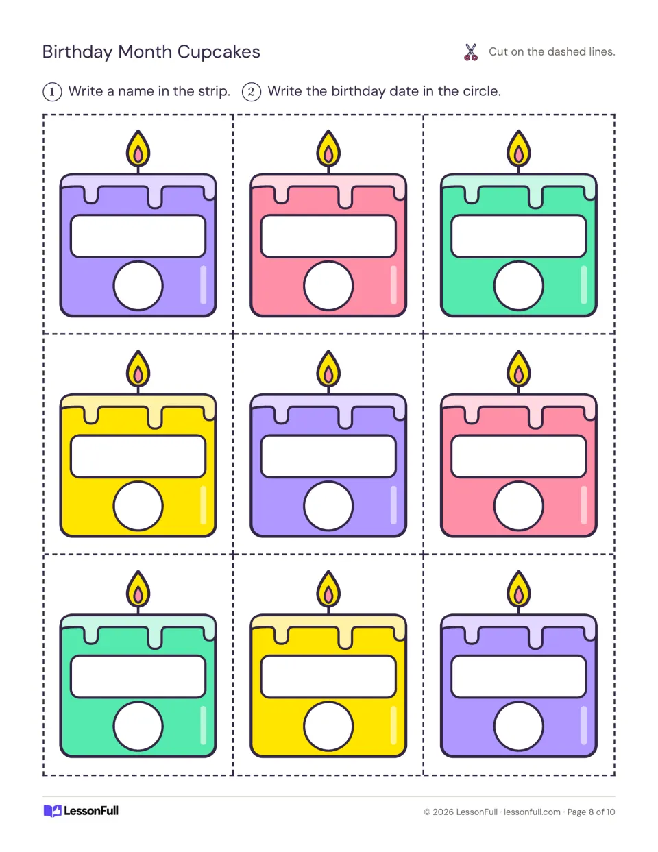 Third sheet of nine birthday display candles, each with spaces to write a student's name and birthday date
