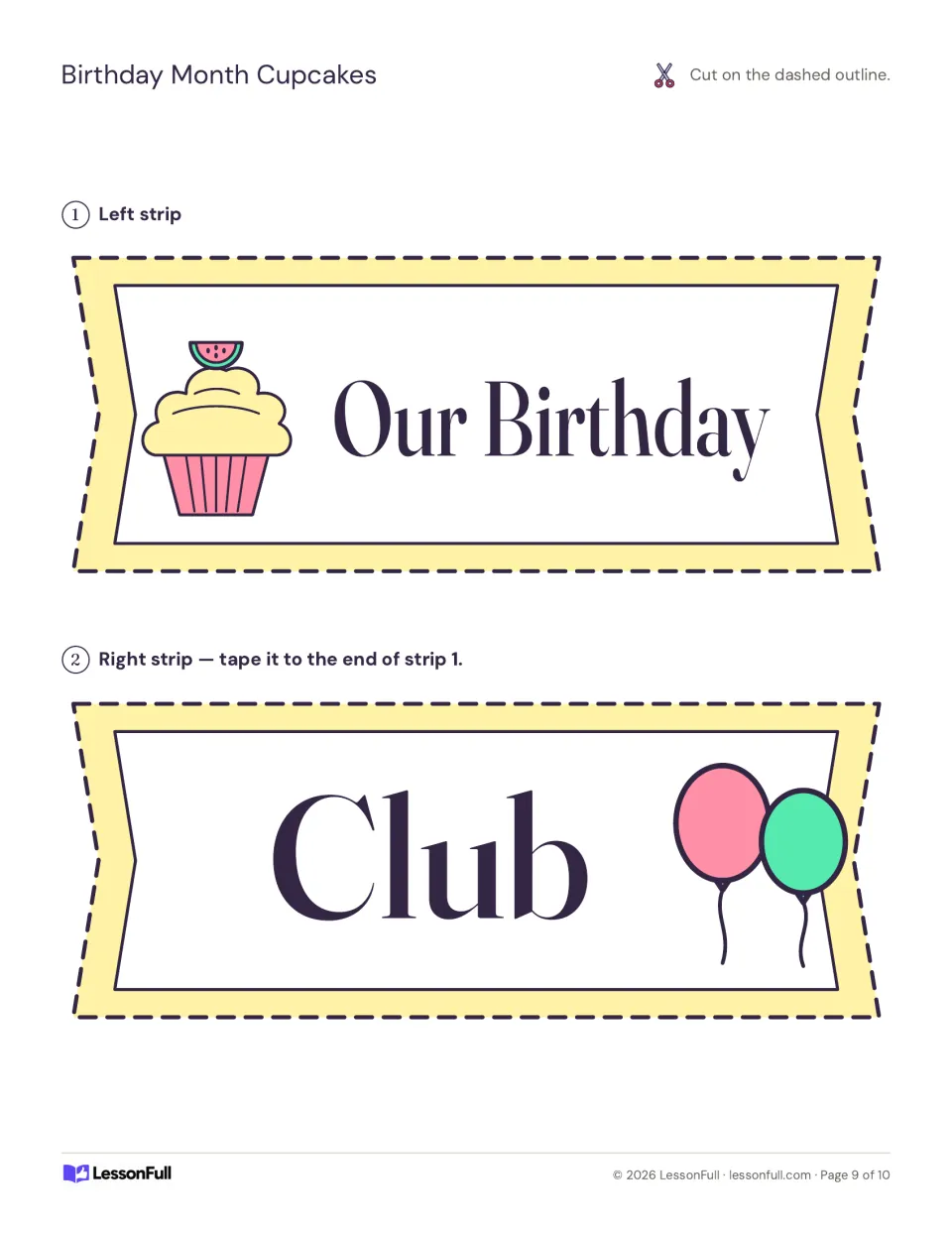 Birthday display title banner in two pieces reading 'Our Birthday' and 'Club', with cutting and taping directions