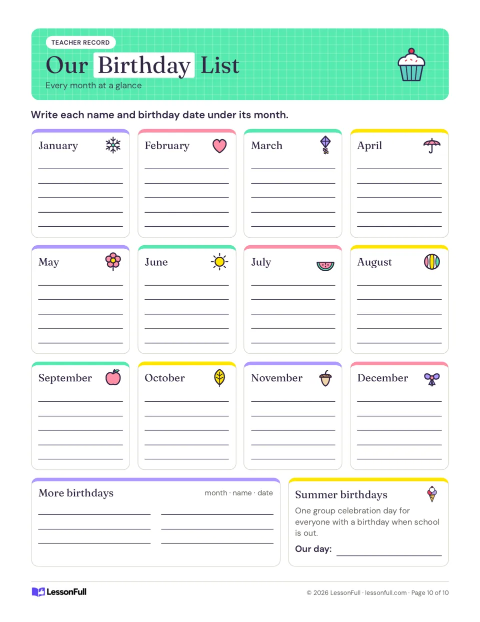 Teacher birthday record for all 12 months, with extra birthday space and a shared summer celebration date