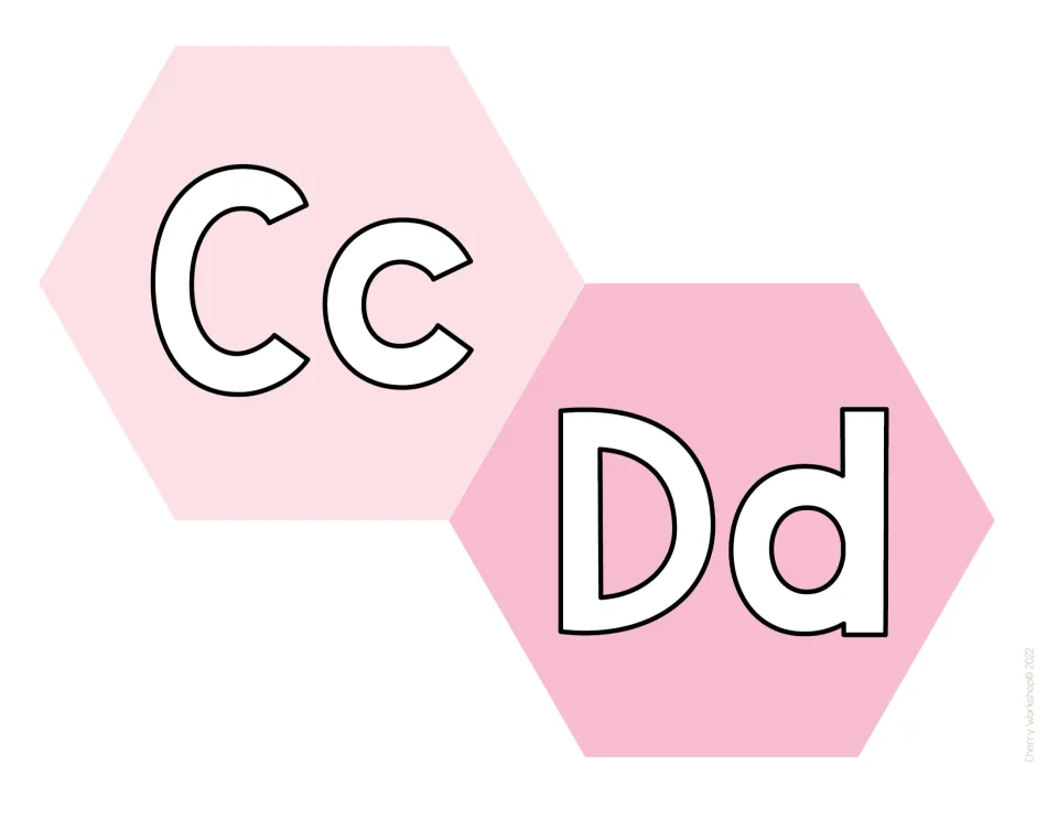 Alphabet display letters Cc and Dd: outlined upper- and lowercase letter pairs set on light pink and rose hexagons