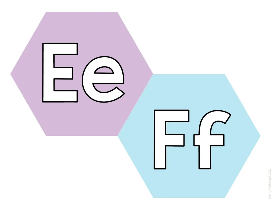 Alphabet display letters Ee and Ff: white capital and small letters shown on soft lavender and sky blue hexagon tiles