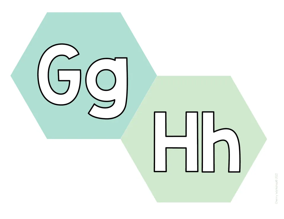 Alphabet display letters Gg and Hh: large outlined letter pairs on mint teal and sage green hexagons for a wall line
