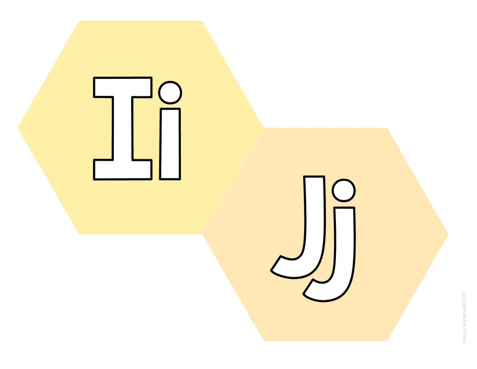 Alphabet display letters Ii and Jj: uppercase and lowercase forms in white on butter yellow and pale peach hexagons