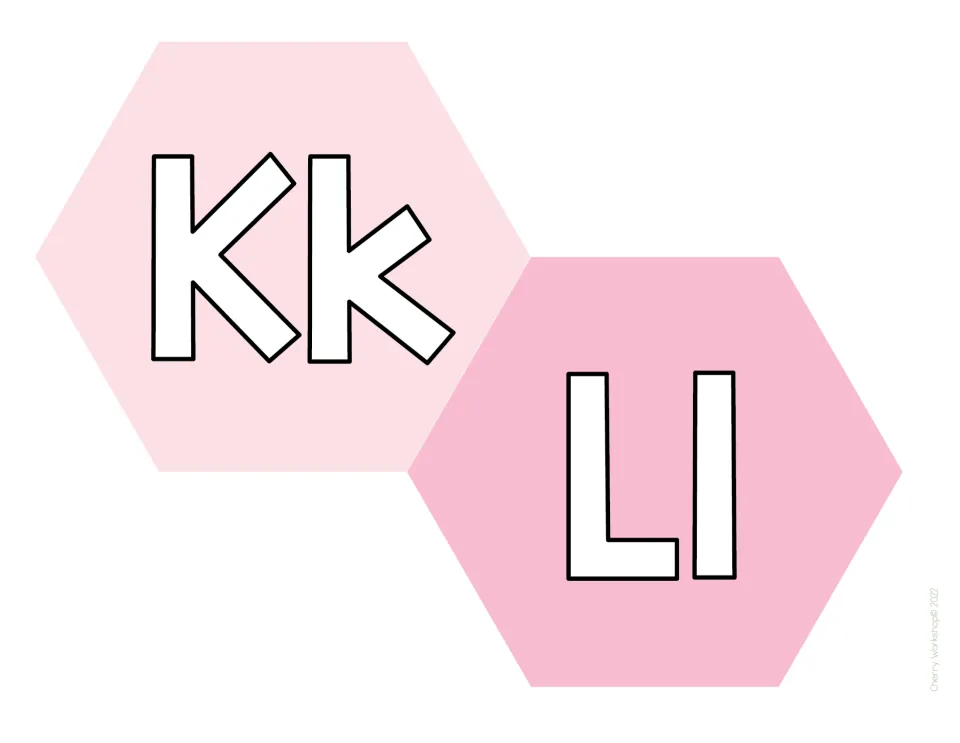 Alphabet display letters Kk and Ll: bold outlined capital and lowercase letters placed on blush and pink hexagons