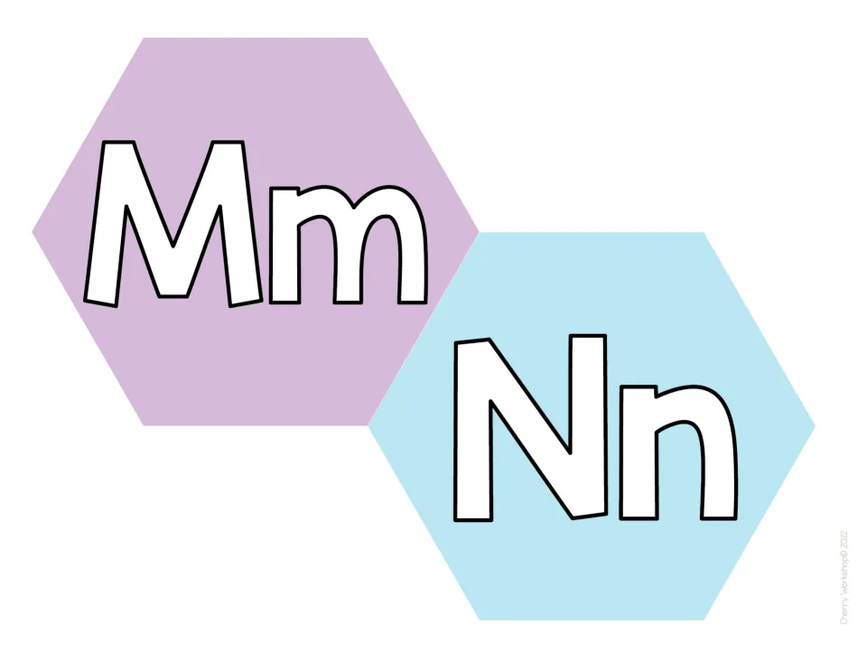 Alphabet display letters Mm and Nn: white letter pairs, capital beside lowercase, on lilac and pale blue hexagons