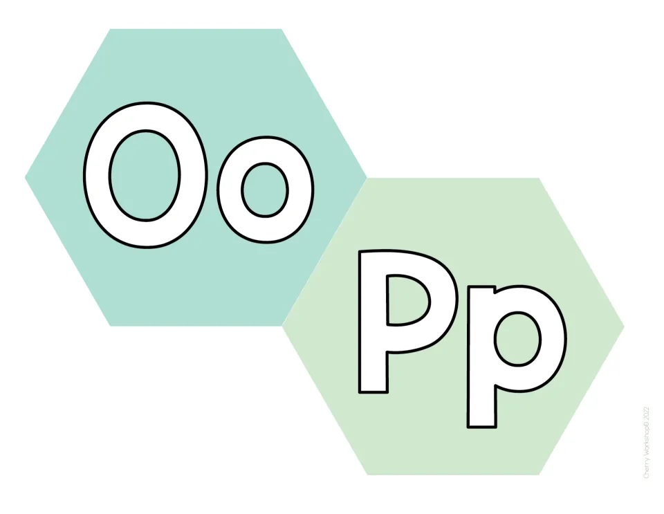 Alphabet display letters Oo and Pp: upper- and lowercase letters with black outlines on seafoam and light green hexagons