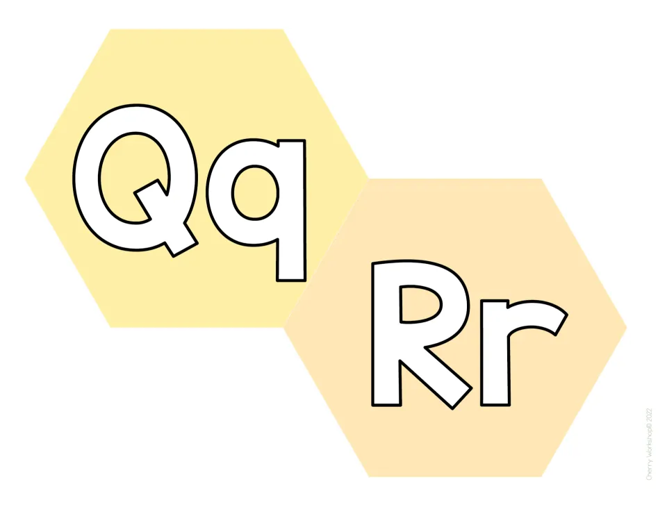 Alphabet display letters Qq and Rr: outlined white capital and small letters set on pale yellow and apricot hexagons
