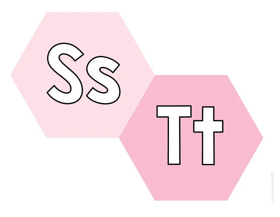 Alphabet display letters Ss and Tt: large white upper- and lowercase letters on light pink and bubblegum pink hexagons