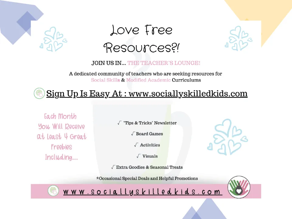 Love Free Resources?! sign-up ad for the Teacher's Lounge listing a newsletter, board games, activities and visuals