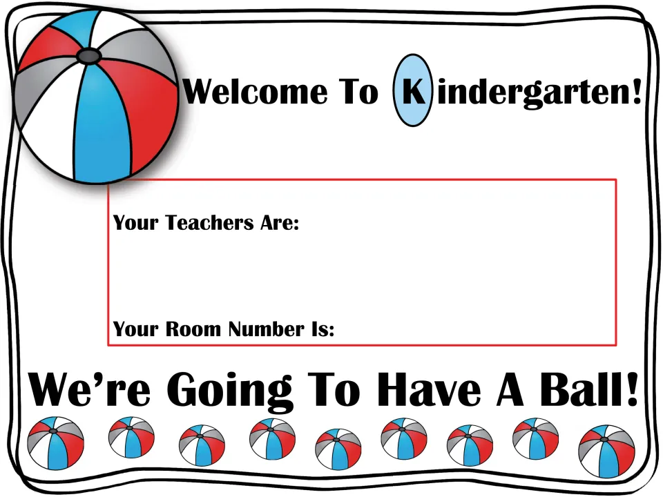 Welcome To Kindergarten! door sign with beach balls and spaces to write the teachers' names and room number