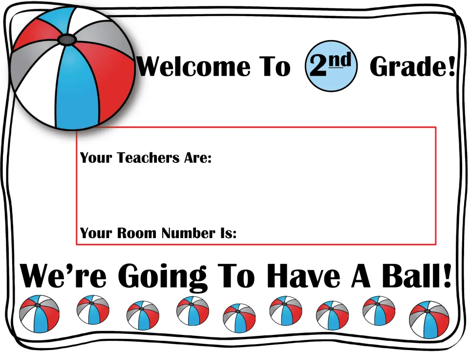 Welcome To 2nd Grade! door sign with beach ball art and spaces to fill in the teachers' names and classroom number