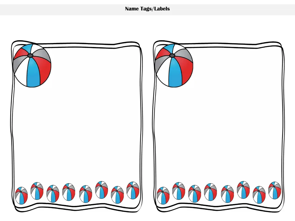 Two tall blank beach ball cards under the Name Tags/Labels heading, a shape that suits bookmarks or labels