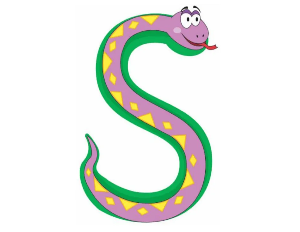 Letter S drawn as a smiling purple snake with yellow diamond markings, a display letter for spelling SCIENCE on a door