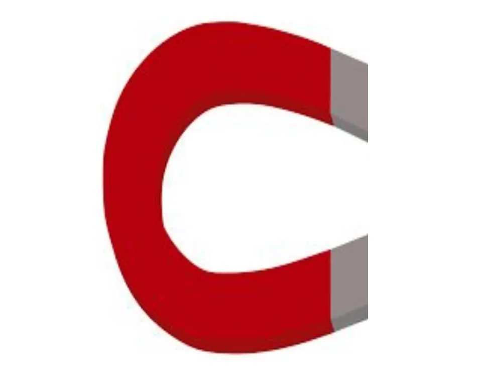 Letter C formed by a red horseshoe magnet with gray tips, a science-object display letter for the SCIENCE banner