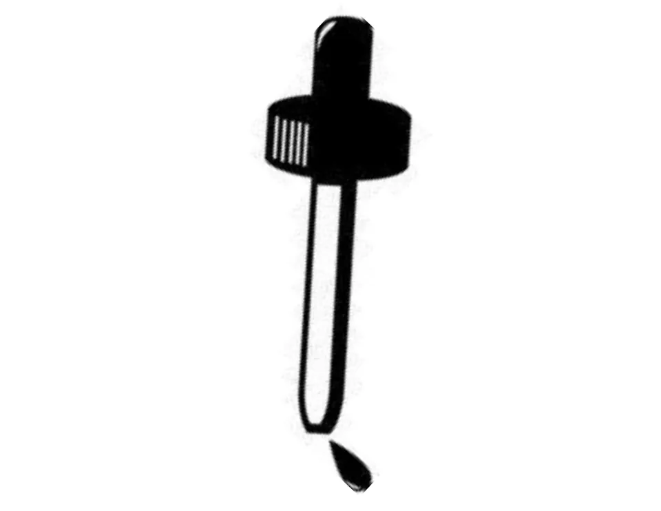 Letter I shaped as a black lab dropper releasing a single drop, a science-tool display letter for the SCIENCE banner