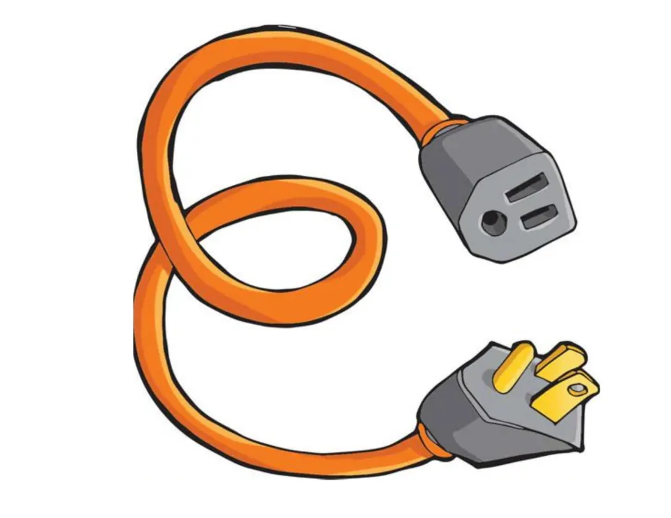 Letter E made from a looped orange extension cord with plug and socket, a display letter for the SCIENCE banner