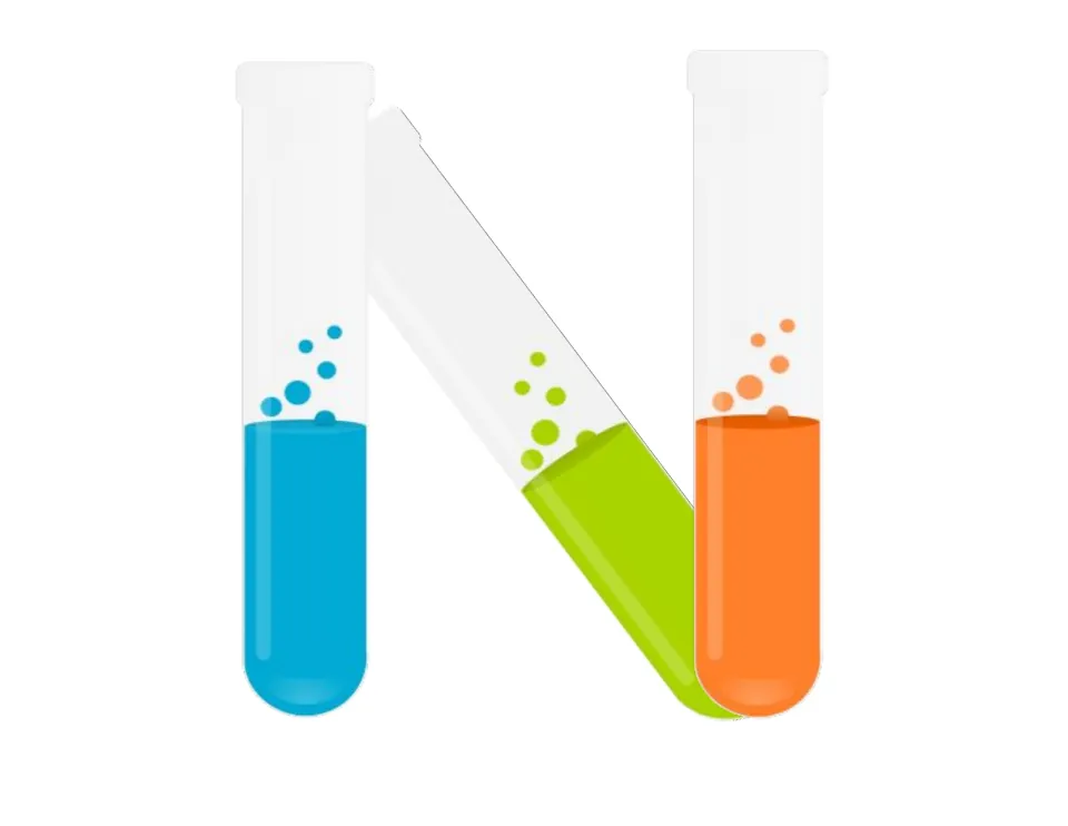 Letter N built from three test tubes of blue, green and orange bubbling liquid, a display letter for the SCIENCE banner