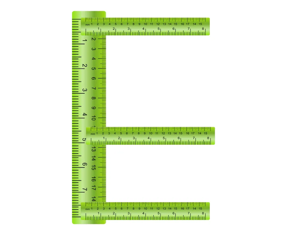 Letter E made from three green rulers marked in inches and millimeters, the final display letter in the SCIENCE banner