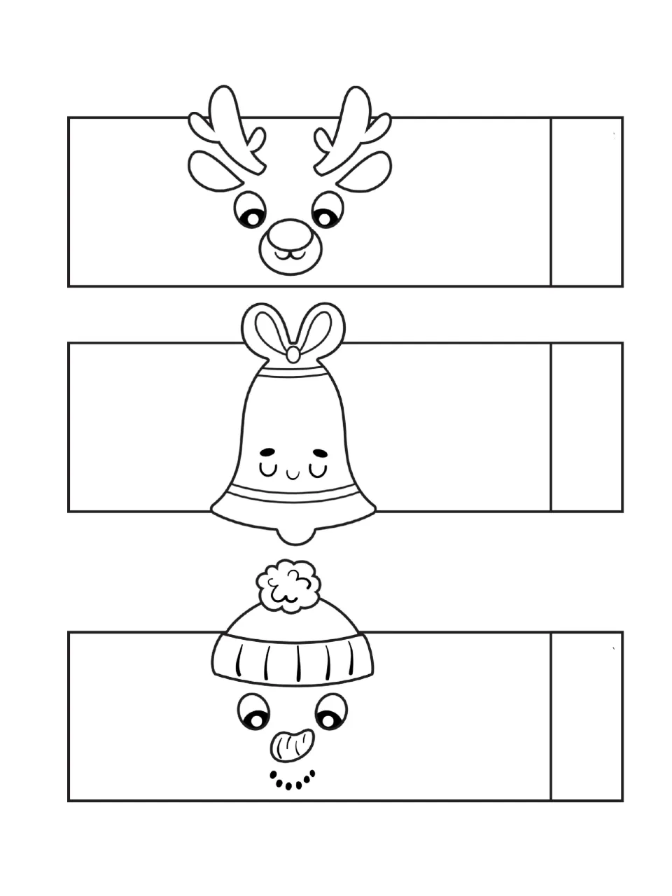 Christmas paper chain craft templates featuring a reindeer, a bell, and a snowman to color and cut out