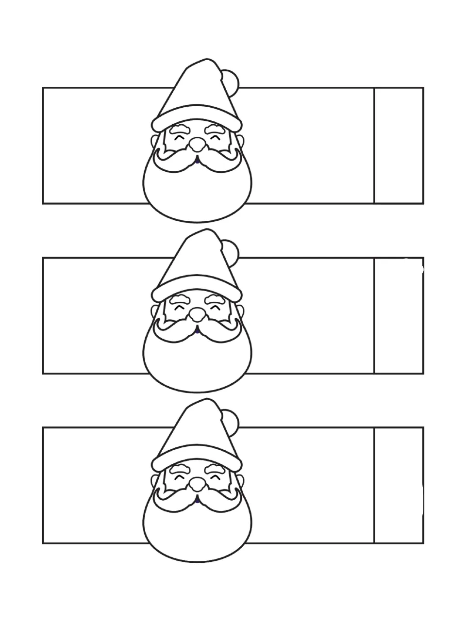 Three copies of the Santa paper chain template, each featuring his hat, mustache, and beard to color