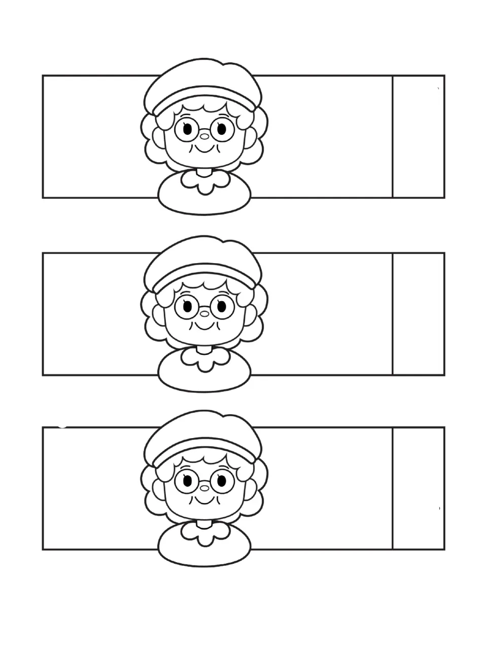 Three copies of the Mrs. Claus paper chain template, each featuring her glasses and rounded cap to color