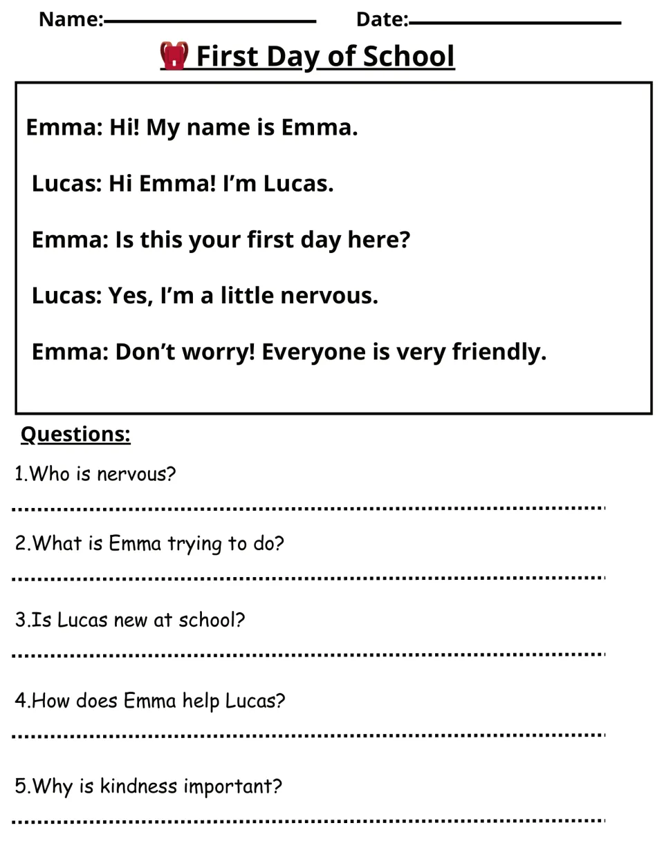 First Day of School dialogue: Emma welcomes a nervous Lucas, followed by five questions about their exchange