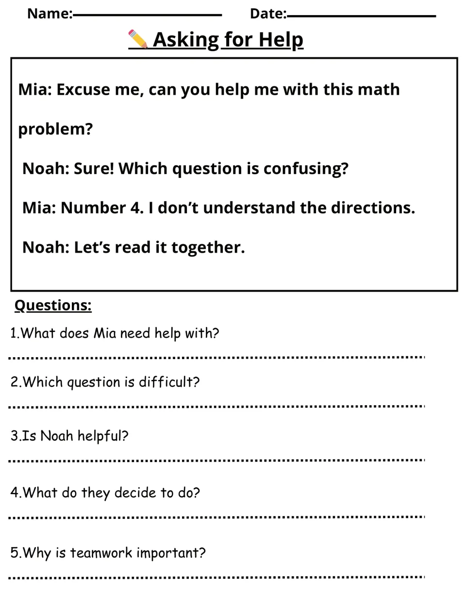 Asking for Help dialogue: Mia and Noah read math directions together, with five comprehension questions