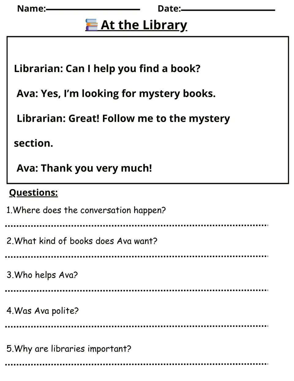 At the Library dialogue: a librarian helps Ava find mystery books, followed by five reading questions
